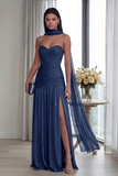 Strapless Ruched A Line Dusty Sage Evening Dress with Slit