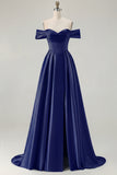 Blue Off the Shoulder A Line Satin Bridesmaid Dress