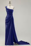 One Shoulder Green Ruched Satin Sheath Long Prom Dress with Slit