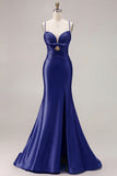 Mermaid Satin Fuchsia Ruched Spaghetti Straps Long Prom Dress with Slit