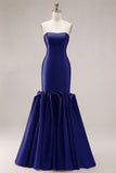 Mermaid Fuchsia Satin Strapless Long Prom Dress with 3D Flowers