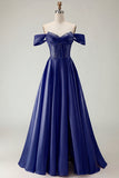 Off the Shoulder Satin Purple A Line Prom Dress