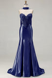 Blue Mermaid Corset Sweetheart Convertible Satin Long Prom Dress with Streamer