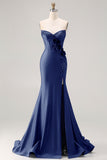 Royal Blue Mermaid Sweetheart Beaded Corset 3D Flower Long Prom Dress with Slit
