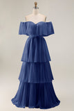 Dark Green Off The Shoulder Tiered A Line Long Bridesmaid Dress