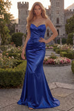 Sweetheart Mermaid Burgundy Ruched Satin Long Prom Dress
