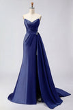 Royal Blue A Line Beaded Strapless Ruched Long Prom Dress with Slit