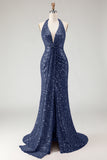 Sparkly Burgundy Halter 3D Flower Mermaid Prom Dress