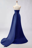 Royal Blue A Line Beaded Strapless Ruched Long Prom Dress with Slit