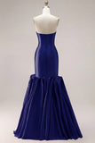 Mermaid Fuchsia Satin Strapless Long Prom Dress with 3D Flowers
