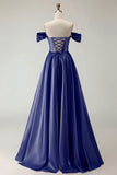 Off the Shoulder Satin Purple A Line Prom Dress