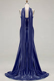 Blue Mermaid Corset Sweetheart Convertible Satin Long Prom Dress with Streamer