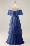 Dark Green Off The Shoulder Tiered A Line Long Bridesmaid Dress