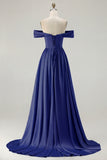 Blue Off the Shoulder A Line Satin Bridesmaid Dress