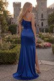 Burgundy One Shoulder Mermaid Ruched Long Prom Dress with Slit