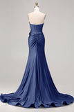 Royal Blue Mermaid Sweetheart Beaded Corset 3D Flower Long Prom Dress with Slit