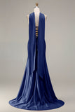Strapless Mermaid Champagne Beaded Satin Long Prom Dress with Ribbon
