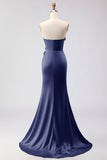Green Strapless Mermaid 3D Flower Satin Long Prom Dress with Slit