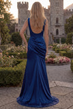 Burgundy V Neck Mermaid Ruched Long Prom Dress with Slit
