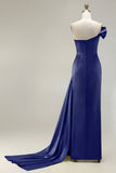One Shoulder Green Ruched Satin Sheath Long Prom Dress with Slit