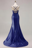 Mermaid Satin Fuchsia Ruched Spaghetti Straps Long Prom Dress with Slit