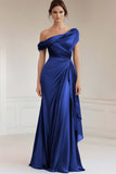 Grey Blue One Shoulder Satin Ruched Formal Dress with Ruffles