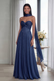 Strapless Sky Blue Ruched A Line Evening Dress