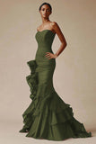 Black Strapless Organza Saitn Ruched Ruffled Mermaid Formal Dress