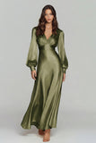 Champagne Long Sleeve V Neck Satin Formal Dress