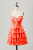 Cute Light Yellow Strapless Tiered A Line Short Prom Dress with Bow