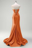 Dark Green Mermaid Strapless Beaded Corset Keyhole Satin Prom Dress with Slit
