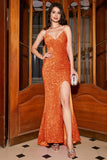 Sparkly Hot Pink Mermaid Spaghetti Straps V-Neck Sequin Long Prom Dress With Split