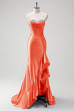 Sparkly Grey Blue Mermaid Ruffled Corset Strapless Satin Long Prom Dress with Slit