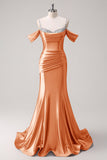 Mermaid Cold Shoulder Sequin Ruched Satin Golden Long Prom Dress