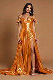 Golden Off The Shoulder Long Prom Dress