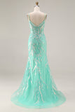 Mint Green Corset Appliqued Mermaid A Line Long Prom Dress With Sequins