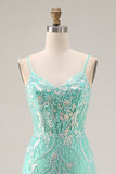 Mint Green Corset Appliqued Mermaid A Line Long Prom Dress With Sequins