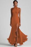 Halter Neck Ruffles Mermaid Black Maxi Formal Dress with Slit