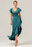 A Line V Neck Asymmetrical Dark Green Bridesmaid Dress with Ruffle Slit
