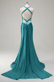 Sparkly Dark Green Mermaid Halter Corset Long Sequin Prom Dress
