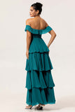 A-Line Off The Shoulder Tiered Ruched Chiffon Long Eucalyptus Bridesmaid Dress