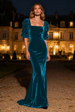 Half Sleeve Mermaid Navy Velvet Formal Dress