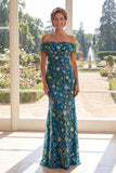 Green Mermaid Off The Shoulder Floral Long Mum Of The Bride Dress