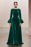 Dark Green Long Sleeve Velvet A Line Holiday Party Dress