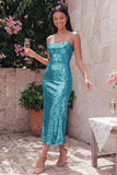 Sparkly Sheath Gold Spaghetti Straps Midi Dress