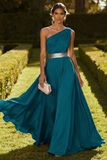 One Shoulder Olive A Line Long Wedding Guest Dress