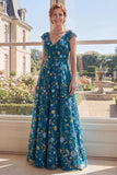 Green A Line V-Neck Floral Mum of the Bride Dress