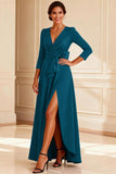 Burgundy A Line V-Neck Long Sleeves Mother of the Bride Dress With Slit