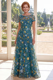 A Line Green Bateau Neck Appliqued Mum Of The Bride Dress with Short Sleeves
