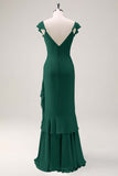Dusty Sage Sheath V Neck Chiffon Long Bridesmaid Dress with Ruffles